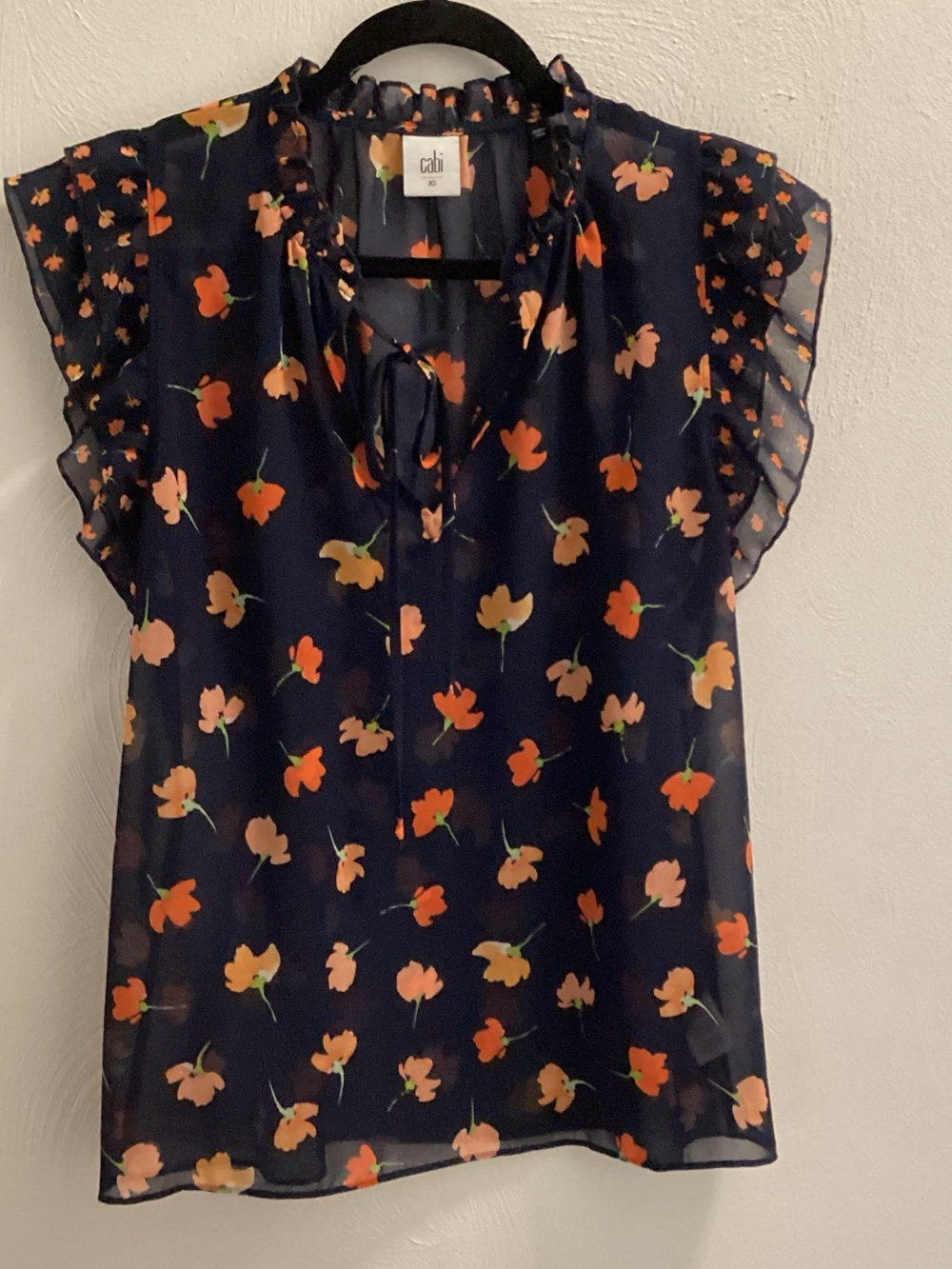 CAbi Navy Floral Flutter Sleeve Tie-Neck Blouse